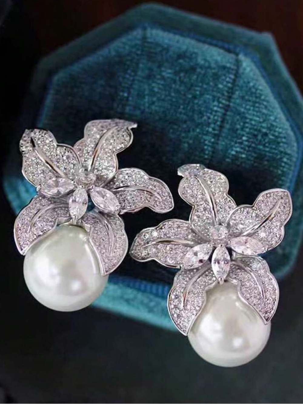 Silver Floral Pearl Drop Earrings